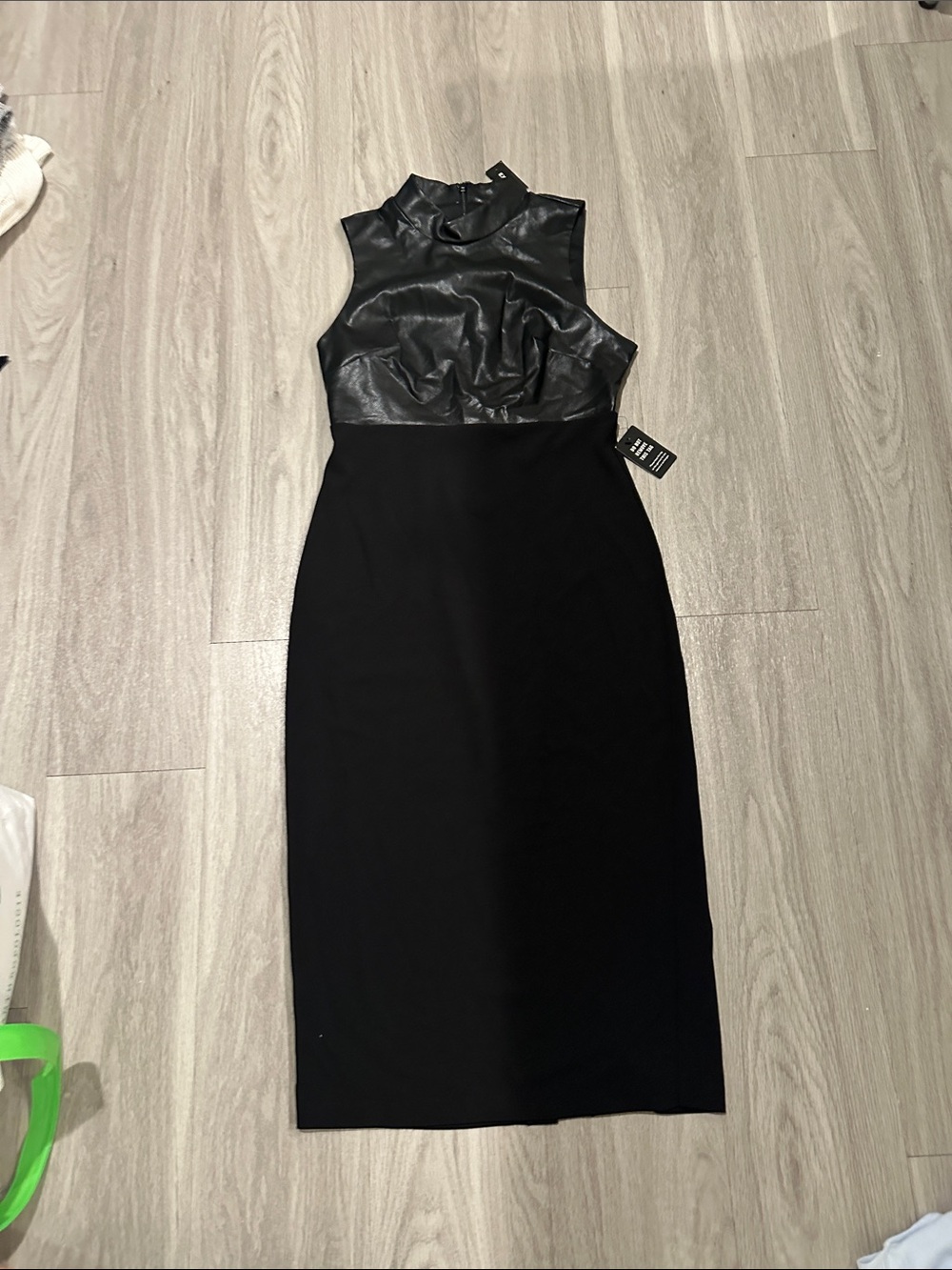 EXPRESS Sleeveless Black Faux Leather-Top Midi Dress